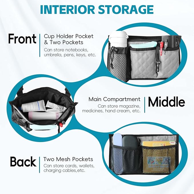 Wheelchair Bag with Cup Holder, Wheelchair Accessories Armrest Side Bag Multi Pockets Pouch for Electric Wheelchairs, Walker, Rollators & Mobility Scooters, Adults, Seniors, Grey