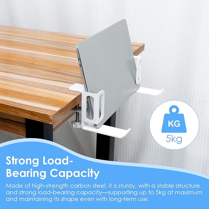 Desk Side Laptop Stand, Vertical Desk Side Laptop Holder with Headphone Stand, Adjustable Length Mount Storage Rack, No Drill Clamp Organizer for Laptops, Tablets, Keyboards (White)