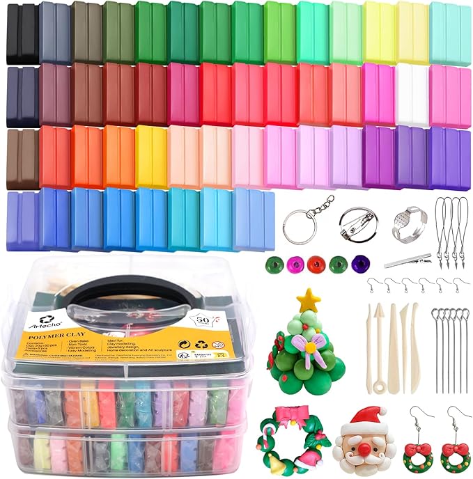 Artecho Polymer Clay, 50 Colors Modeling Clay for Kids, Christmas Earring Making Kit with Sculping Tools, Sculpey Clay Kit for Christmas Gifts