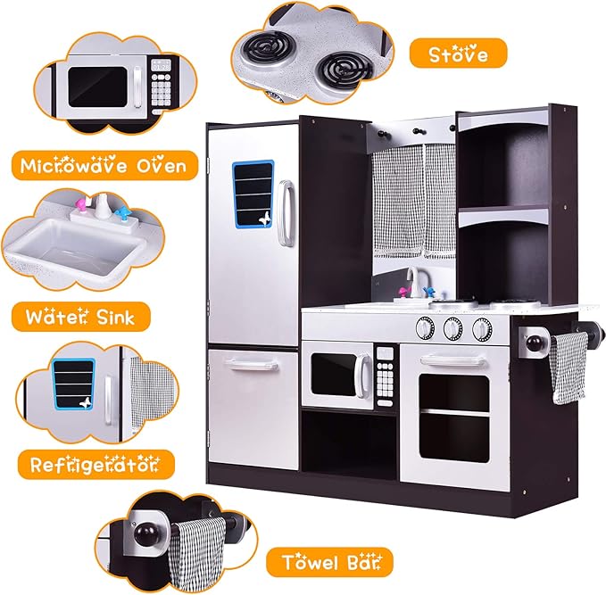 ARLIME Kids Kitchen Playset, Wooden Toy Toddler Kitchen w/Sink, Stovetop, Microwave, Refrigerator, Large Cabinets, Pretend Play Kitchen for Boys Girls