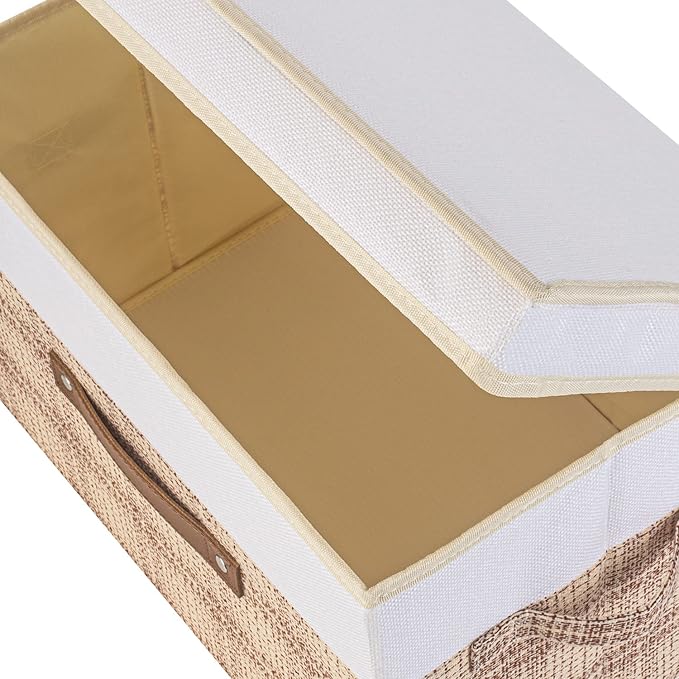 TYEERS Collapsible Storage Bins with Lids, Patchwork Design, Washable, Fabric Storage Boxes, 14.9x9.8x9.8 inches, 3 Pack, Camel Tan