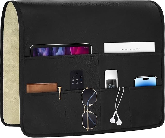 PU Leather Couch Organizer Caddy Sofa Armrest Organizer, Remote Control Holder for Recliner, Waterproof Armchair Caddy with 6 Pockets Storage for Magazine, Tablet, Phone, Remote (Black)