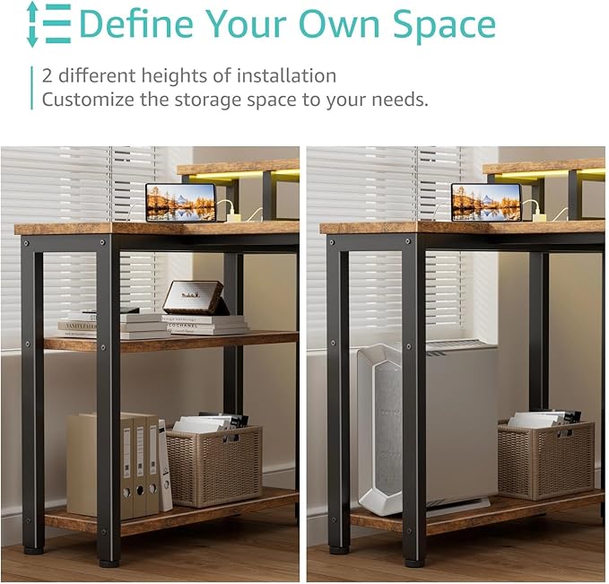 Lufeiya L Shaped Gaming Desk with Led Lights and Power Outlets, 47 Inch Corner Home Office Desk with Monitor Stand Shelves, Writing Study Computer Desks with Fabric Drawers for Bedroom, Rustic Brown