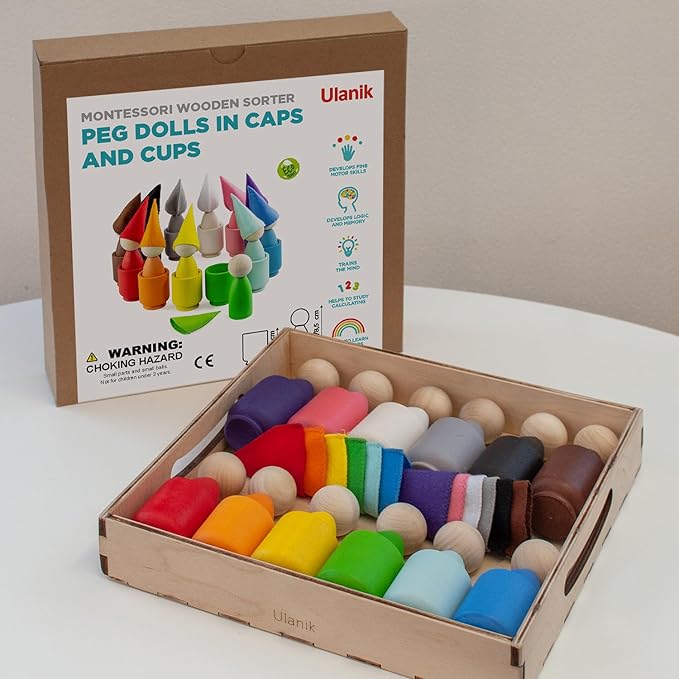 Ulanik Large Peg Dolls in Cups with Hats Toddler Montessori Toys for 3 Year Old + Wooden Waldorf Dolls for Learning Color Sorting and Counting — 12 Gnomes