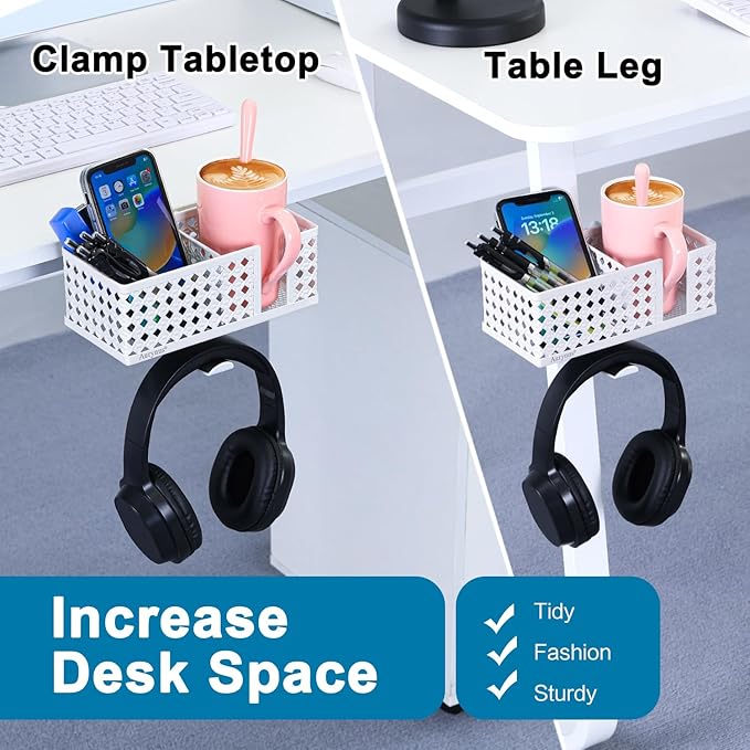 Desk Cup Holder, Clip on Cup Hook, Pen Holder Clamp Desk Organizer Pencil Holder Phone Holder Desk Storage for Office School Home (White)
