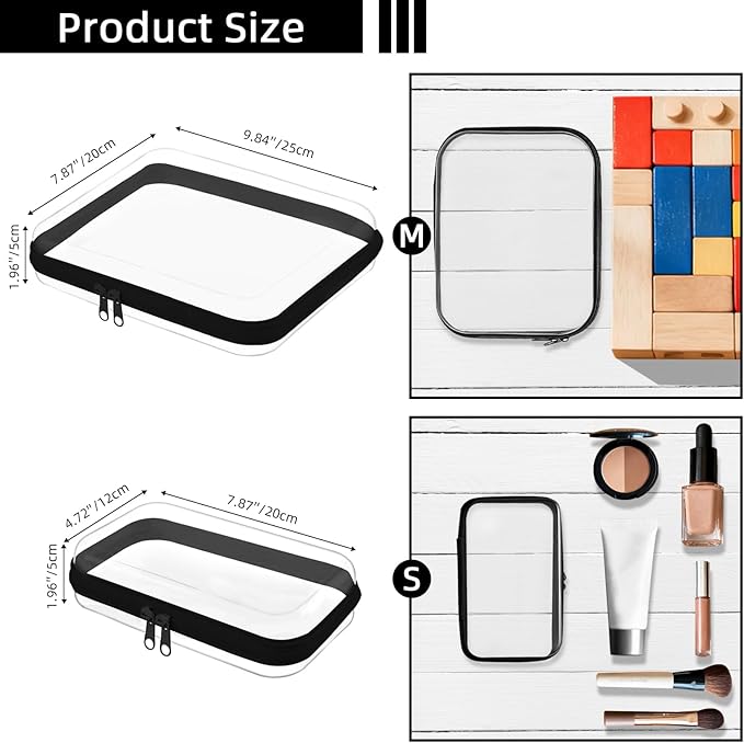 Clear Hard Shell Zipper Case,Clear Toy Storage Pouch,Waterproof Transparent Organizer Comestic Case for Travel, Office, Home (Black, M+2*S)