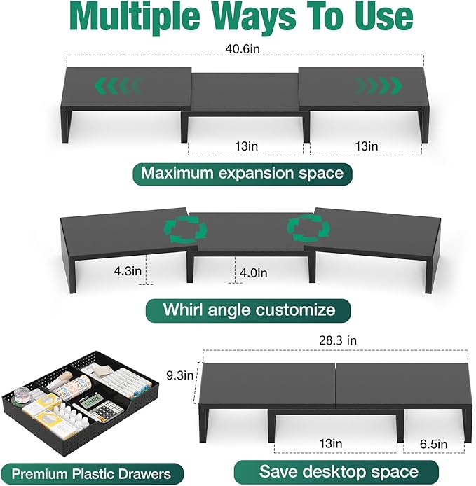 OPNICE Desk Organizer, Dual Computer Monitor Stand Riser with Drawer, Office Desk Accessories & Workspace Organizers, Black