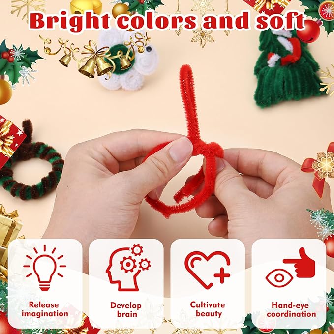 LOKUNN Pipe Cleaners, 200 Pcs Red Pipe Cleaners Craft Set, Solid Color Chenille Stems, DIY Arts and Crafts with Adhesive Eyes and Storage Box, Christmas Halloween Decoration Art Supplies