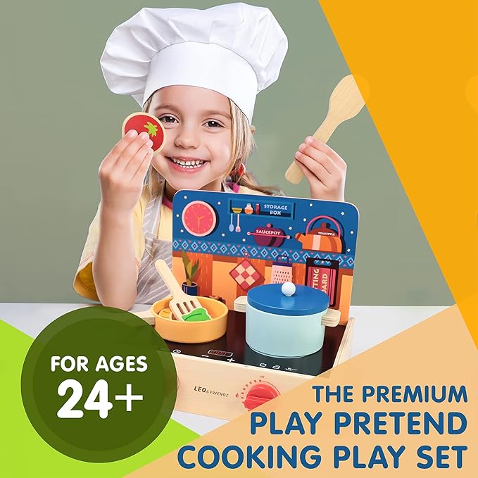 Leo & Friends 2-in-1 Mini Kitchen Wooden Play Set with 15-Pieces - Play-Pretend Toddler Toy for Girls and Boys Aged 24-Months and Older - Educational Kids Toy