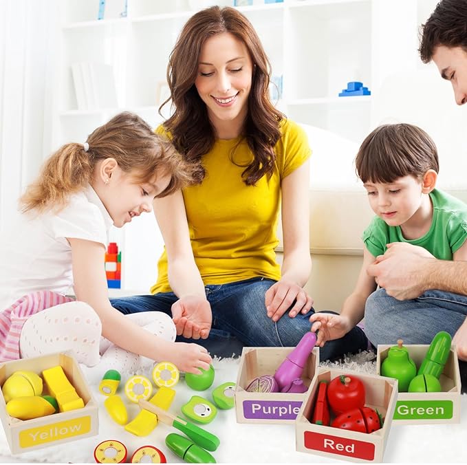 30 Pcs Wooden Play Food Sets for Kids Kitchen Accessories, Velcro Fruit and Veggies for Toddlers, Velcro Fruit Cutting Toys for Kids, Color Sorting Play Food Set, Play Food for Toddlers 1-3