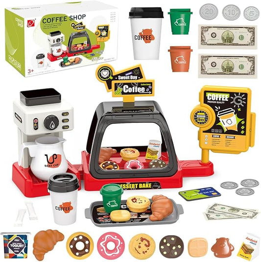 GAGAKU Toy Coffee Maker Machine and Cash Register Kit with Sound Light Kids Kitchen Pretend Play Sets Kitchen Appliances Toy for Boys Girls-Red