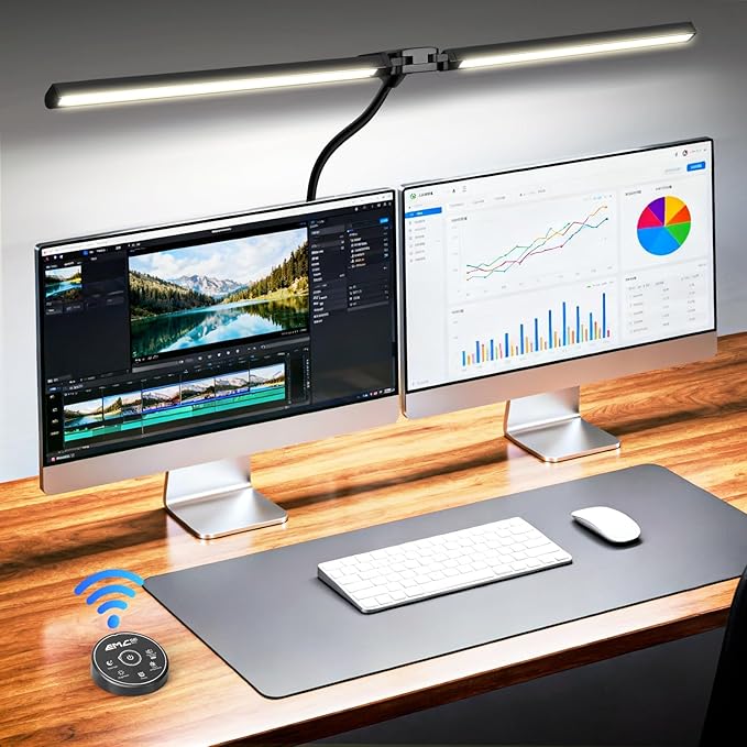 LED Desk Lamp for Home Office, Eye-Caring Architect Lamp with Clamp, Stepless Dimming Computer Light for Dual Screen Monitor, 5 Color Adjustable Lighting Mode, Workbench Light for Drafting, Study