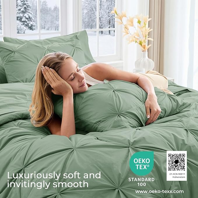 Sasttie California King Comforter Set, 7-Piece Bed in a Bag Cal King, Pintuck Bedding Set for All Season, Includes Comforter, Flat Sheet, Fitted Sheet, Pillowcases and Pillowshams, Sage Green