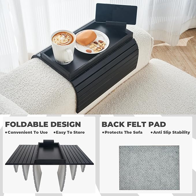 Bamboo Sofa Arm Tray Armrest Table with 360° Rotating Phone Holder, Anti Falling Couch Arm Tray, Foldable and Portable Sofa Armrest Cup Holder for Drink,Cups, Phone, Snacks, Remote