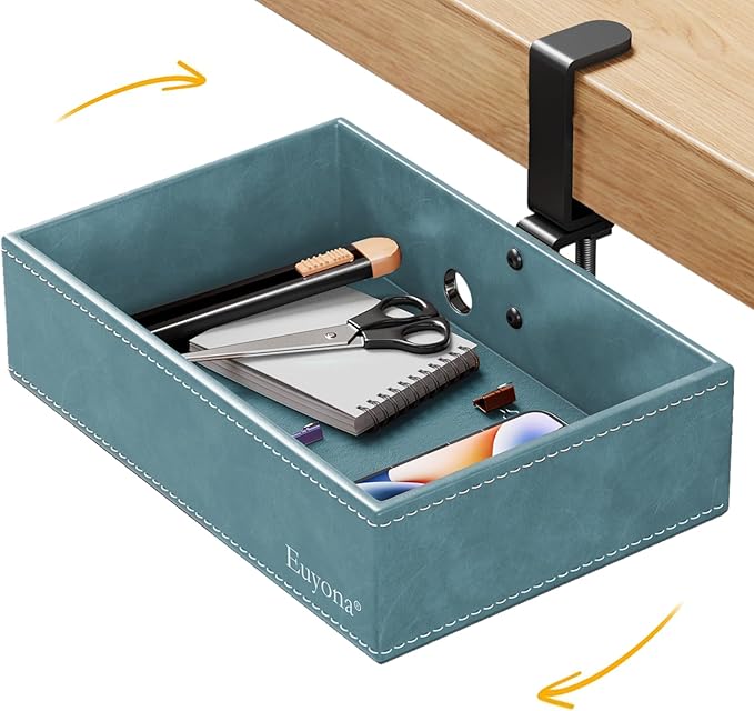 Mesh Hidden Desk Organizer with Swivel Pencil Drawer - Heavy-Duty C-Clamp Mount for Office Supplies, Art Tools & Home Storage, Easy Install Desktop Accessories (Sky Blue)