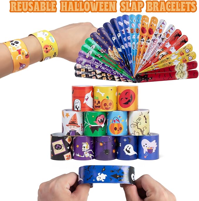 Halloween Bracelets for Kids, 72 PCS Halloween Slap Bracelets Bulk, Halloween Party Favors Toys for Kids, 12 Different Design Bracelets Bulk for Party Favors and Supplies, Halloween Treat Bags Gifts