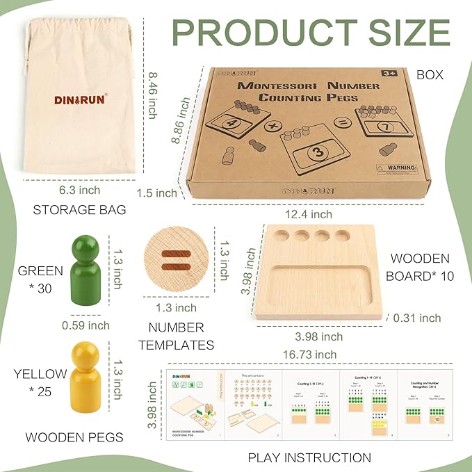 DINORUN Educational Toys for 3 4 5 Year Old Boy Girls Gifts - Preschool Learning Math and Numbers for Toddler 2-4 - Math Manipulatives for Kids 3-6 - Montessori Wooden Counting Peg Board Materials