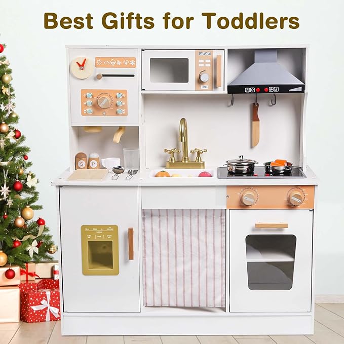 Kids Play Kitchen Set - Toys for 2 3 4 5 Year Old Boy Girl Christmas Birthday Gifts - Wooden Play Kitchen Set with Play Food Toy and Kitchen Accessories, Pretend Play for Kids Toys Age 3+