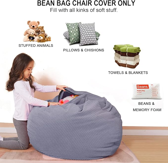 Stuffed Animal Storage Bean Bag Chair Cover for Kids, 38" Beanbag Chairs Cover Plush Toys Organizer Super Soft Corduroy with Handle and Zipper for Boys and Girls - Grey