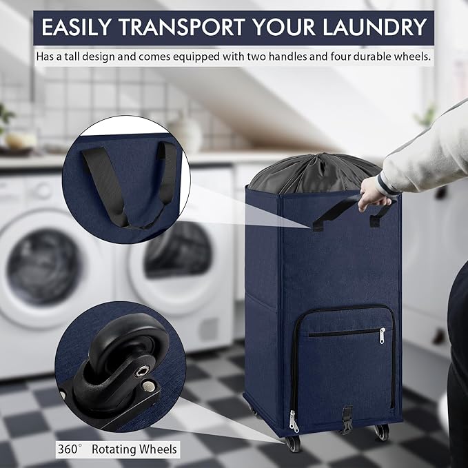 Bukere Large Rolling Laundry Basket, Laundry Hamper with Wheels, 4 Casters and 2 Handles, Collapsible Freestanding Wheeled Laundry Bag for Clothes, Apartment, College