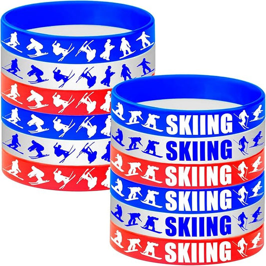 24PCS Skiing Themed Rubber Bracelets Sport Slicone Wristbands Snowboard/Skier Party Supplies Birthday Baby Shower Party Favors
