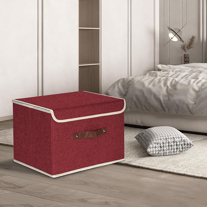TYEERS Collapsible Storage Boxes, Washable Fabric Storage Bins with Lids, 14.9x9.8x9.8 inches, 2 Pack, Red Wine