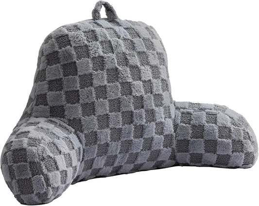 Aimuan Reading Pillow Checkered Bed Rest Wedge Backrest Checkerboard Pillow with Arms Back Support for Sitting Up in Bed Cushion Incline Rest Sleeping Snoring Pillow (Grey,Large)