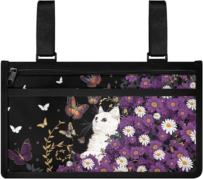 ZOUTAIRONG Purple Daisy Cat Butterfly Wheelchair Side Bag Walker Bag Wheelchair Accessories for Adults Waterproof Armrest Organizer Storage Pouches