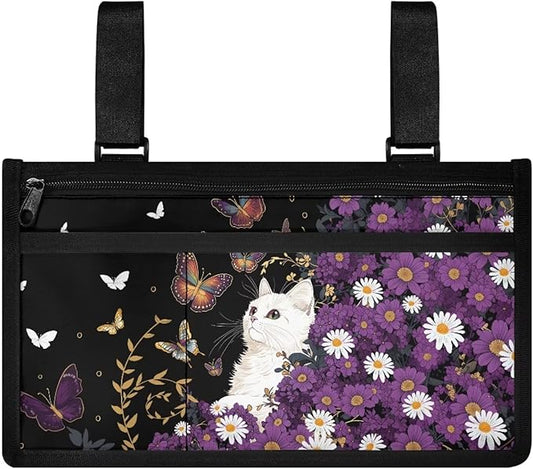 ZOUTAIRONG Purple Daisy Cat Butterfly Wheelchair Side Bag Walker Bag Wheelchair Accessories for Adults Waterproof Armrest Organizer Storage Pouches