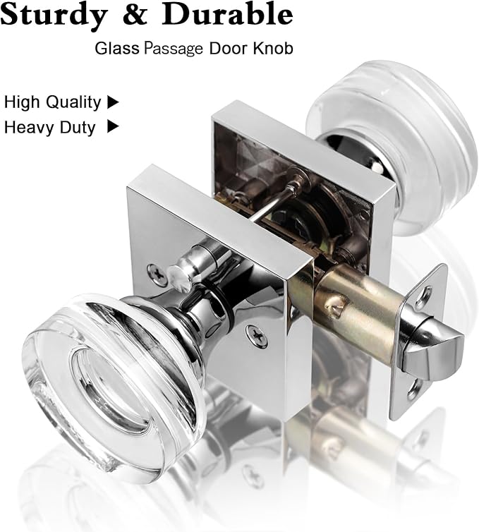 coolnews Crystal Glass Door Knobs Interior with Lock, Modern Round Privacy Door Knob for Bathroom Bedroom, Polished Chrome