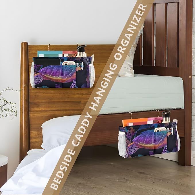Colorful Gradient Turtle Fish and Coral Bedside Caddy for Dorm Bed Bedside Hanging Caddy Bag Iron Frame Storage Organizer Pocket for Bunk Home College Hospital Beds 2 Hooks