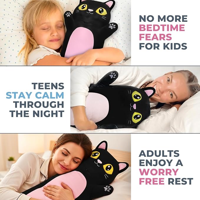 Black Cat Plush Body Pillow for Kids | Long Stuffed Animal Cuddle Pillow | Soft Hugging Toy | Plushie Gift for Girls & Boys | Long Plush Body Pillow for Sleep & Comfort | Large, 47 Inches