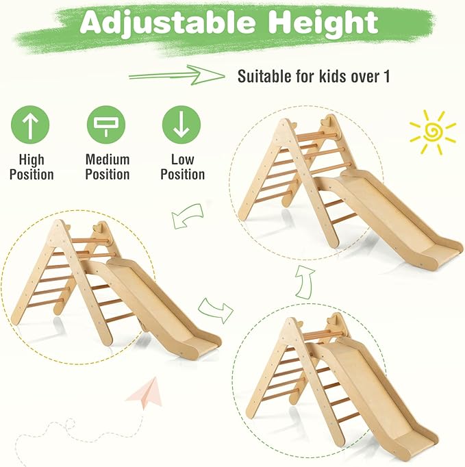 HONEY JOY Triangle Climber with Ramp, Kids Climbing Triangle Ladder for Daycare, Gym & Playground, Wooden Montessori Climbing Toys for Toddlers, Gift for Boys Girls