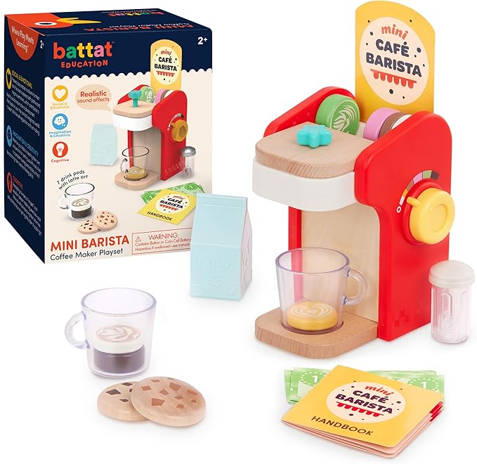 Battat Education – Wooden Barista Playset – Toy Coffee Maker & Accessories with Realistic Sounds(22 Pieces) – Pretend Play Toy – Play Kitchen Toys – 2 Years + – Mini Barista