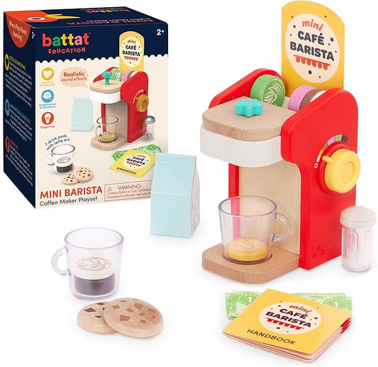 Battat Education – Wooden Barista Playset – Toy Coffee Maker & Accessories with Realistic Sounds(22 Pieces) – Pretend Play Toy – Play Kitchen Toys – 2 Years + – Mini Barista