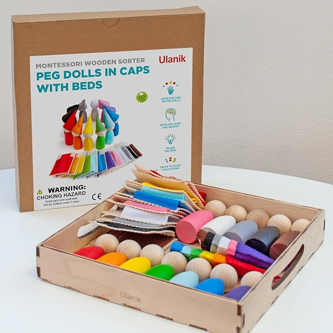 Ulanik Large Peg Dolls with Hats and Beds Toddler Montessori Toys for 3 Year Old + Wooden Waldorf Dolls for Learning Color Sorting and Counting — 12 Gnomes