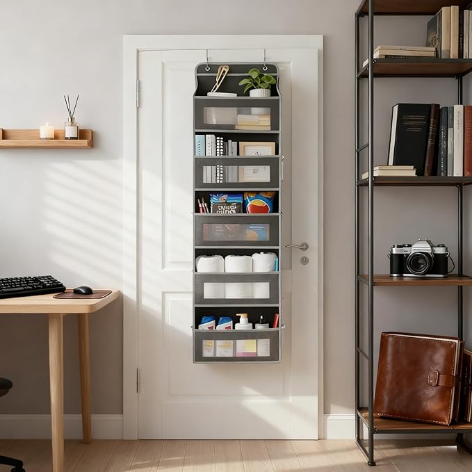 Over The Door Storage Organizer,Hanging Door Organizer with 5 Pockets Mesh Side Bag,Sturdy Hanging Shelves for Toys,Diaper,Nursery,Bedroom,Bathroom,15.7"×6.7"×57",Black