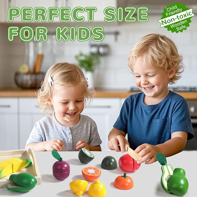 Fajiabao Wooden Play Food Set for Kids Kitchen Montessori Toddlers Toys 1-3 Pretend Cutting Fruit Educational Birthday Gifts for Girls Boys 2 3 4 Year Old