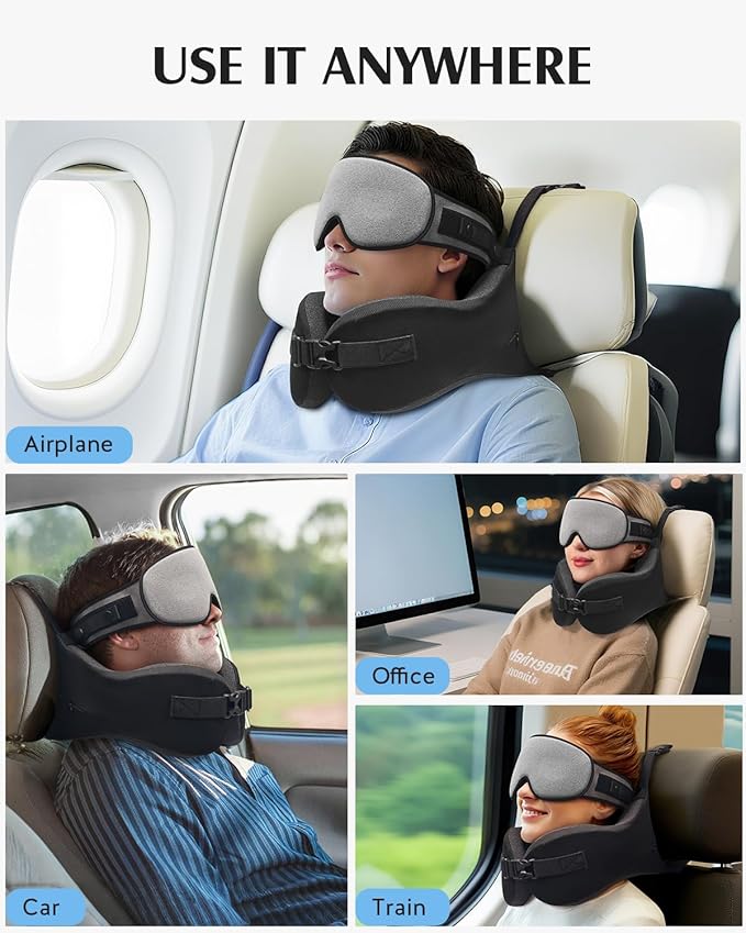 YFONG Travel Pillow for Long Flight Airplanes, Head Strap Combo with 3D Contoured Eye Mask for Sleep, Neck Pillow for Car Trip Essential, 360° Support Memory Foam Headrest, Prevent Head Bobbing, Grey