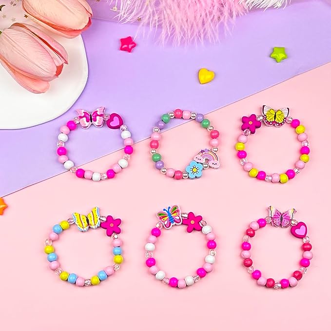 12pc Little Girl Bracelet for Toddler Kids, Rainbow Butterfly Wooden Bracelets, Little Girl Princess Pretend Play and Dress Up Bracelet, Little Princess Jewelry Gift