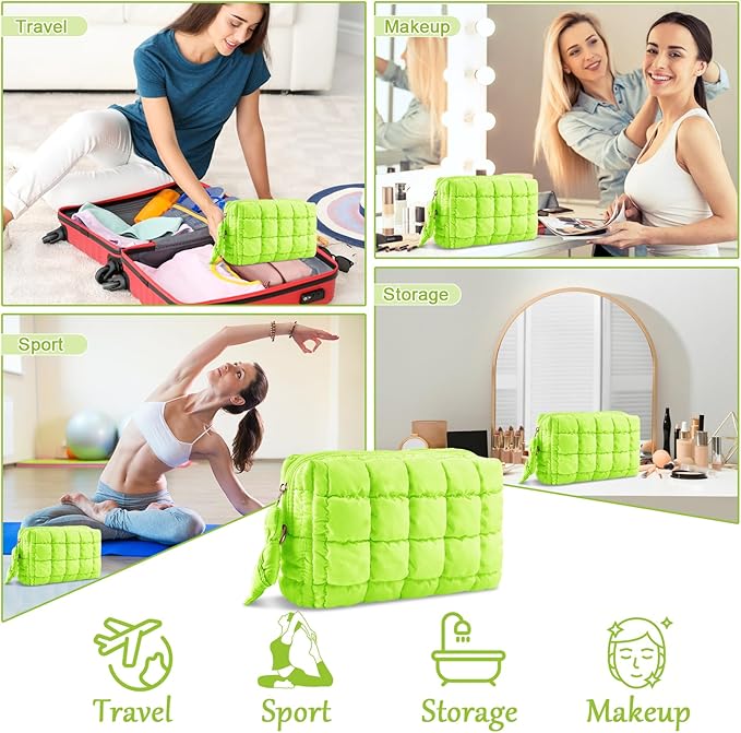 Puffer Quilted Makeup Bag Cosmetic Bags,Puffy Travel Toiletry Pouch for Women,Cute Checkered Zipper Bag Travel Essential,Portable Aesthetic Make up Organizer Bag for Gifts Work Daily(LightGreen,M)