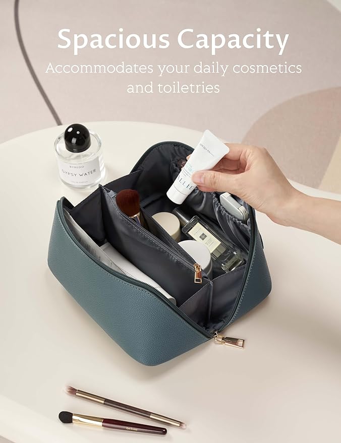 Yarnic Green Travel Makeup Bag Pouch Cosmetic Bag, Large Capacity Toiletry Bag for Women, Portable Pouch Cute Make Up Organizer with Divider and Handle, PU Leather (Gray Green)