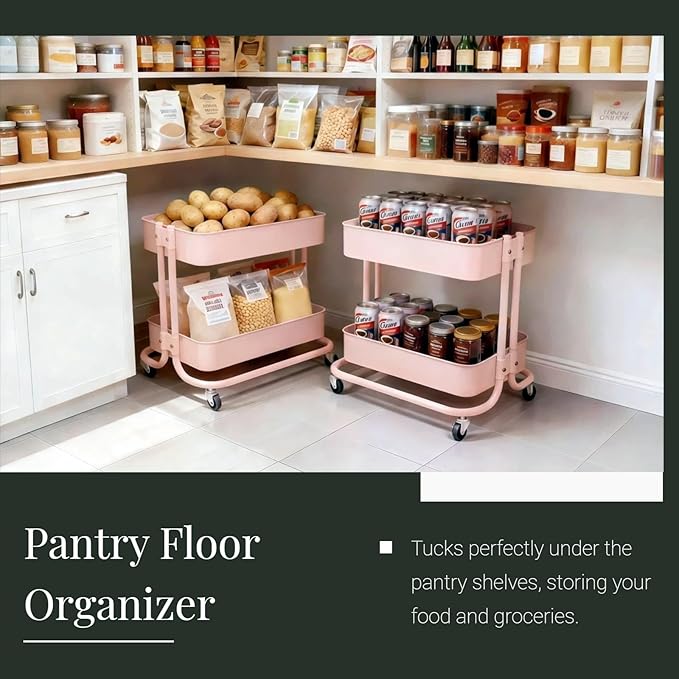 LIWNYRK 2 Tier Rolling Cart with Wheels for Under Desk Storage, Pink Small Rolling Pantry Storage Cart for Small Space, Metal Short Utility Shelf for Vanity Kitchen Bathrrom Laundry Organization