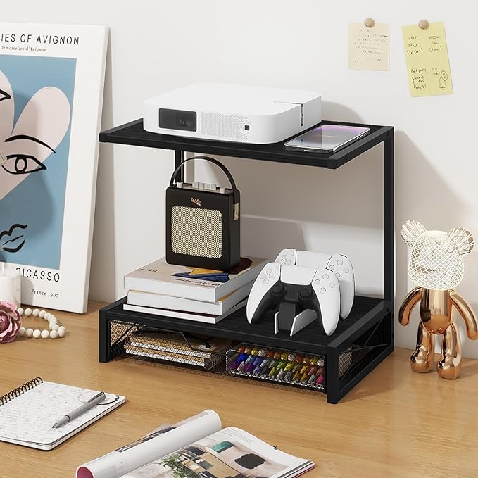 ELITEROO 2-Tier Printer Shelf with Drawers, Wooden Desk Organizer Shelf for Small Printers and Office Supplies, Desktop Storage Rack for Books, Folders, Scanner, Fax Machine, 3D Printer, Black