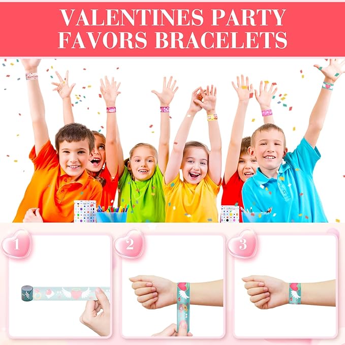 48 Pieces Valentine's Day Slap Bracelets Bulk Party Favors for Kids - 12 Designs Love and Hearts Snap Bands, Classroom Exchanges, Goodie Bag Fillers Stuffers, Wrist Decorations Gifts Prizes Supplies