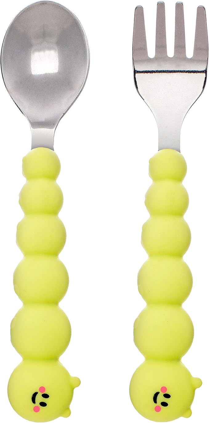 melii Caterpillar Spoon and Fork Utensil Set for Toddlers - BPA-Free Silicone and Stainless Steel Kids Utensils - Ergonomic, Easy-Grip Design for Fun & Safe Eating for Children
