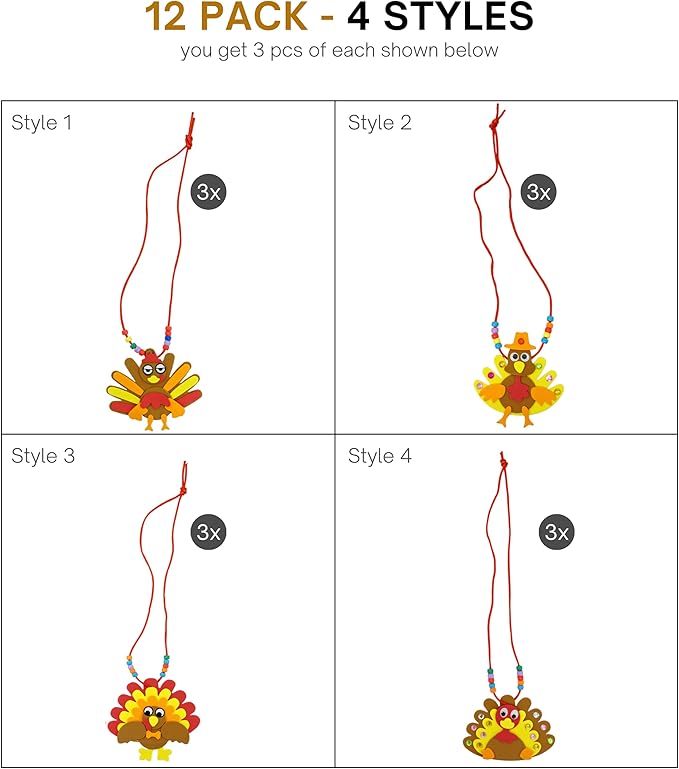 4E's Novelty Thanksgiving Necklace Crafts for Kids Bulk – 12 Pack DIY Turkey Necklace Craft for Kids with 4 Styles, Thanksgiving Favors for Kids, Thanksgiving Toddler Craft, & Turkey Craft Kit