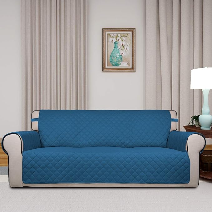 PureFit Reversible Quilted Sofa Cover, Water Resistant Slipcover Furniture Protector, Washable Couch Cover with Non Slip Foam and Elastic Straps for Kids, Pets (X Large, Peacock Blue/Beige)