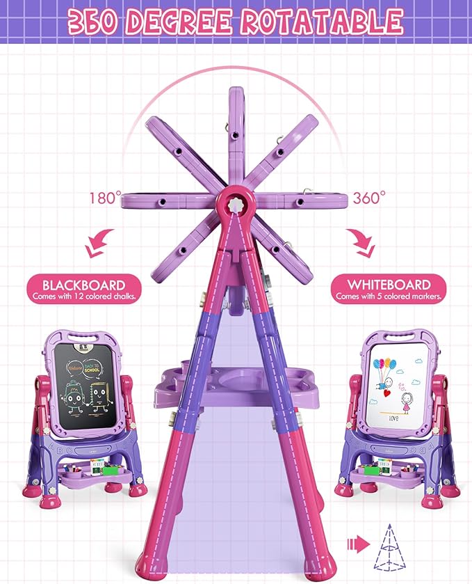 Lehoo Castle Easel for Kids, 4 in 1 Double Sided Kids Art Easel with Magnetic White Board & Chalk Board, Adjustable Standing Toddler Easel with Drawing & Writing Accessories - Gift for Boys and Girls