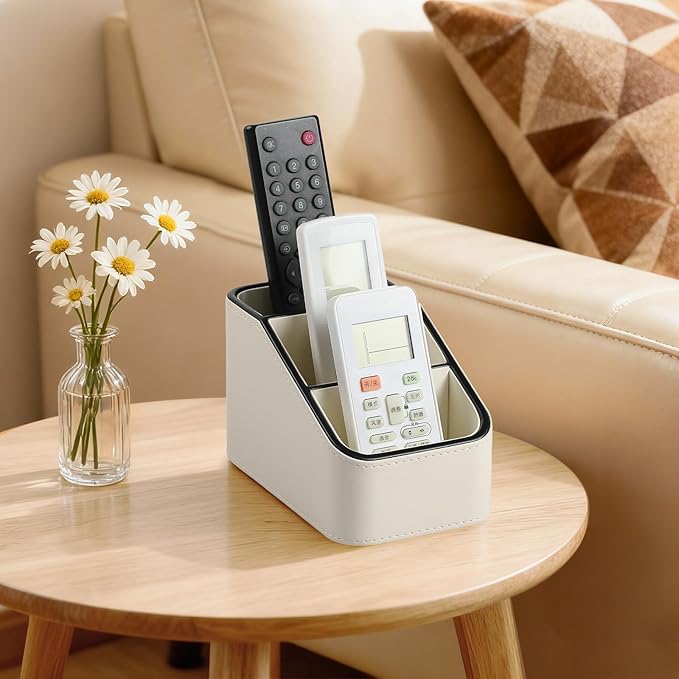 PU Leather Remote Control Holder, Small Desk Organizer Office Supply Bedside Caddy for Nightstand End Table Couch, Pen Remote Organizer with 3 Compartments (Cream)